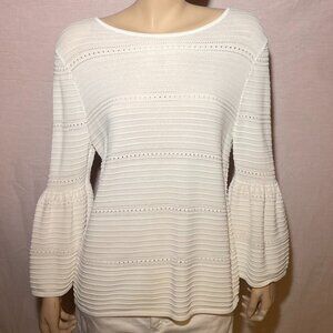 White House Black Market White Long Flare Sleeve Blouse Round Neck Size S
